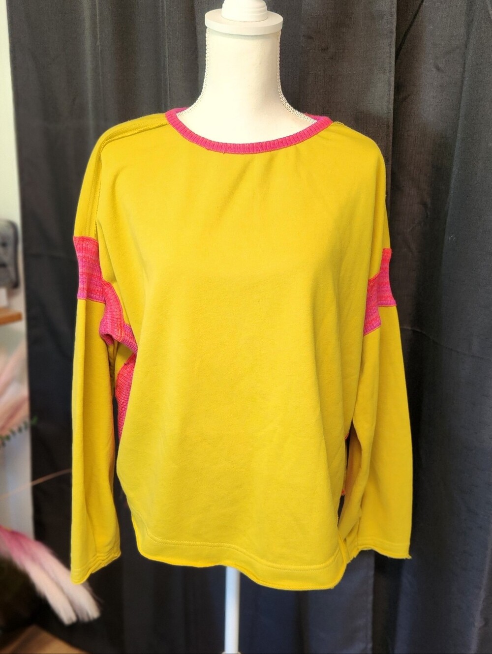 Yellow Sweatshirt with Pink Trim